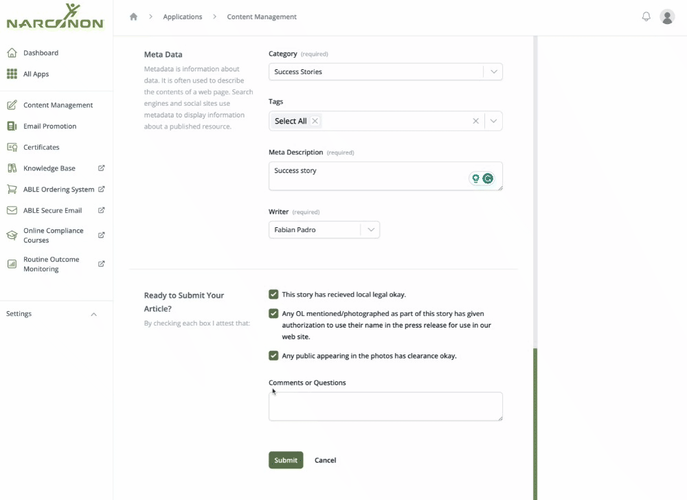 Image of submitting article and success modal appearing