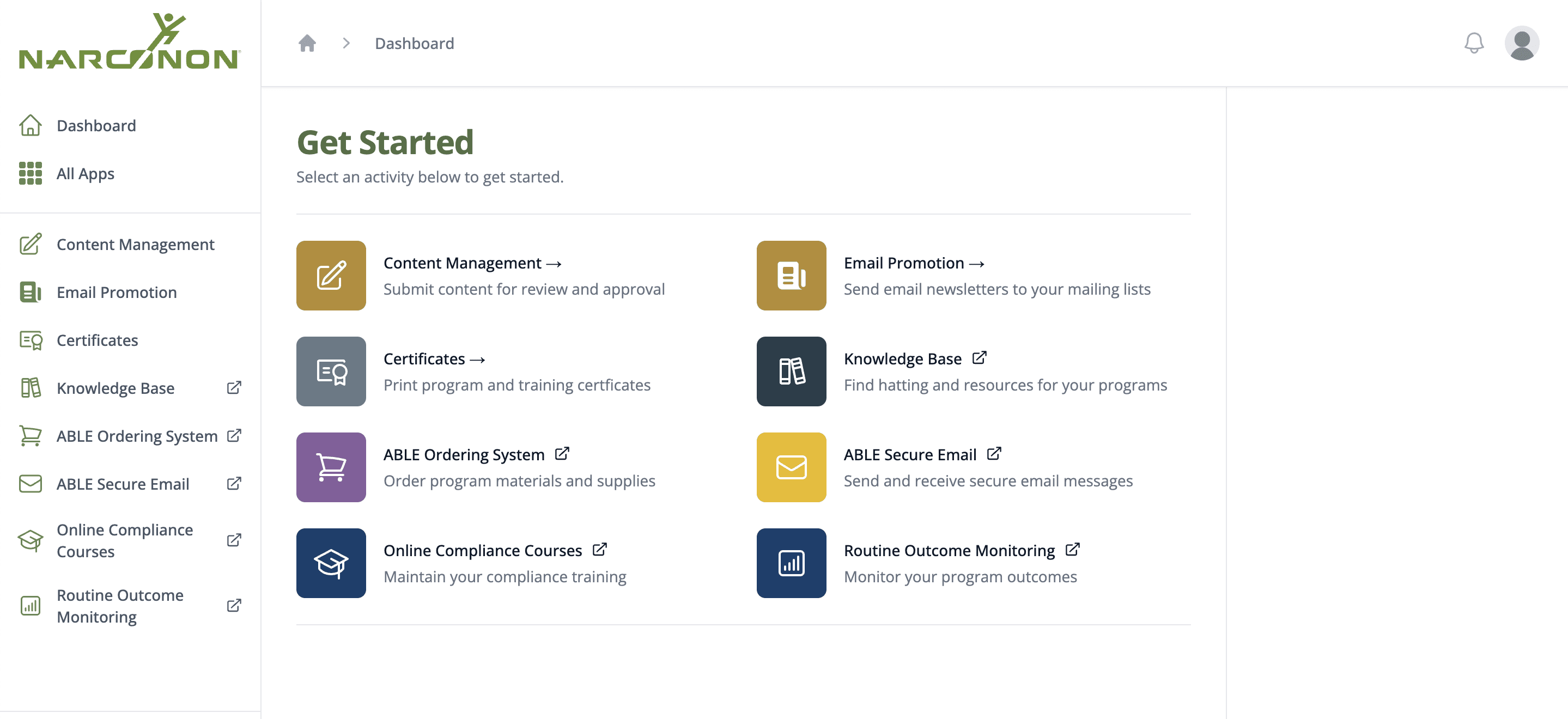 Image of Narconon Dashboard in ABLE Portal